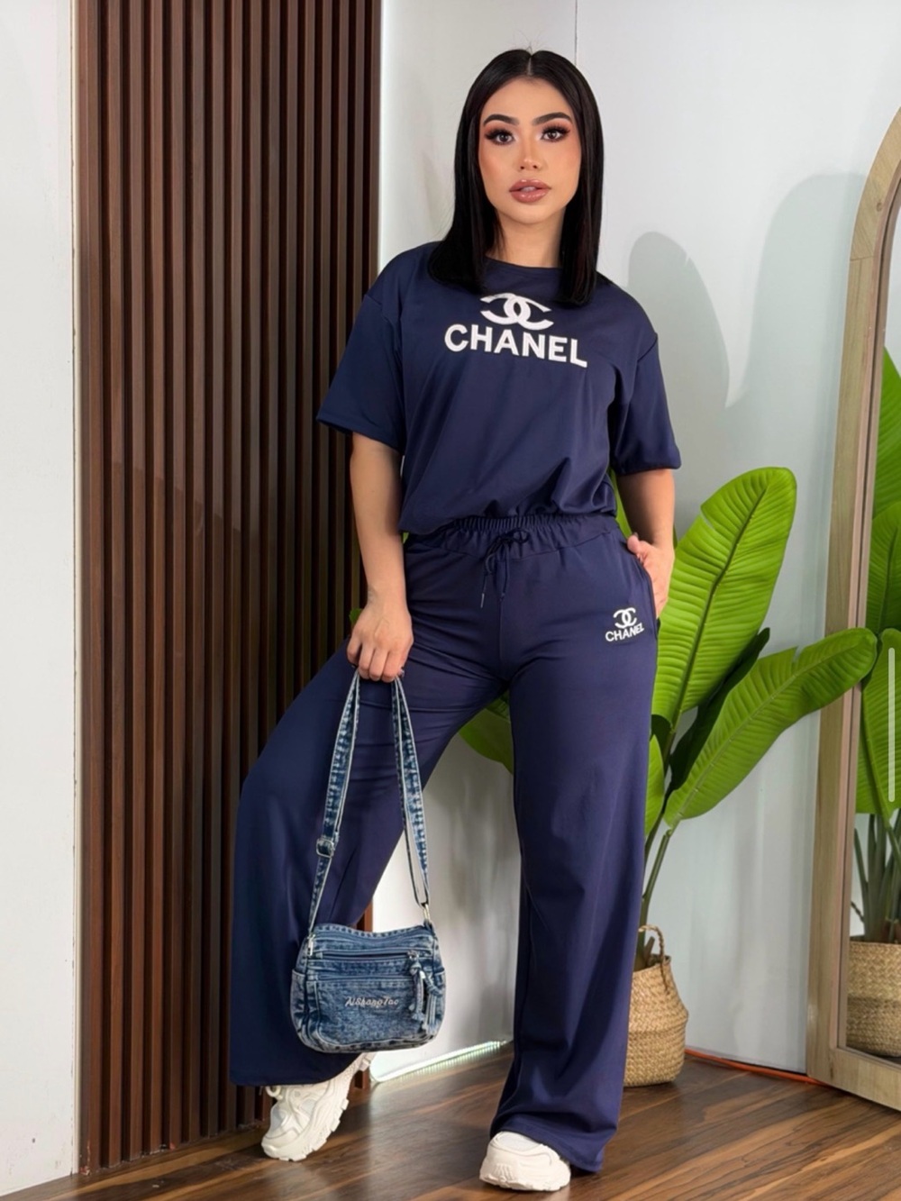 Navy Wide-Leg Lounge Set - Logo Tee & Drawstring Pants size S
